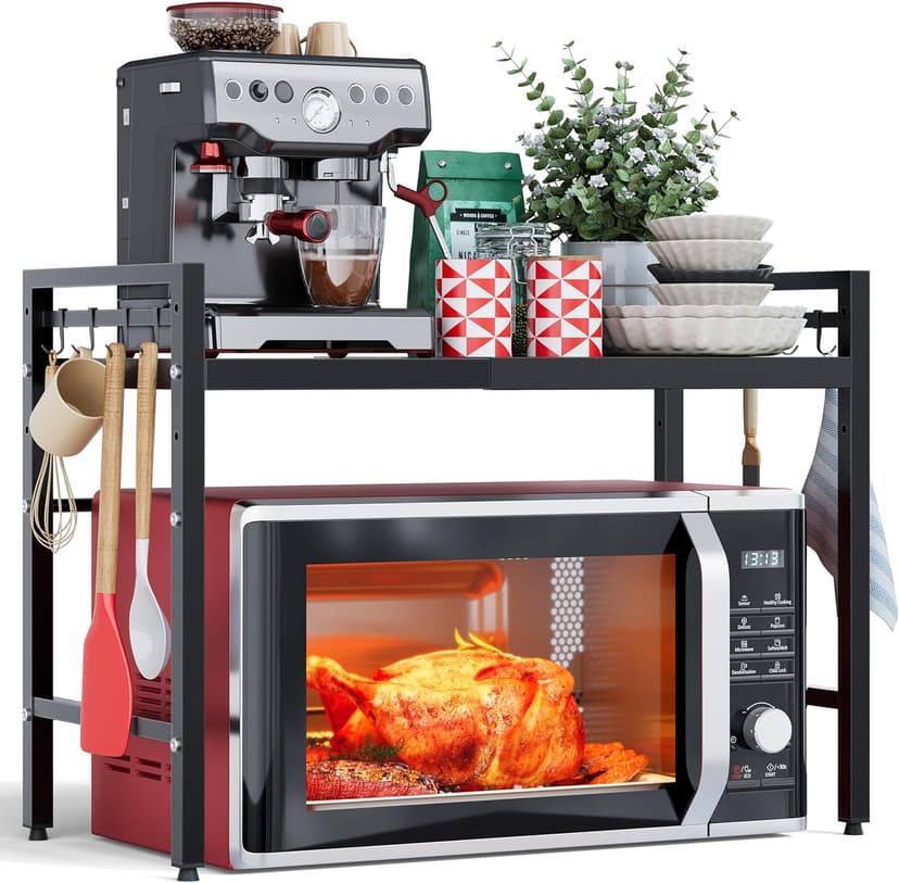 NETEL Erweiterbares Mikrowellen Regal 2-stufiges Mikrowellenständer Mikrowellenhalter Organizer küchenregal stehend für arbeitsplatte Bäckerregale mit 8 Haken - 1