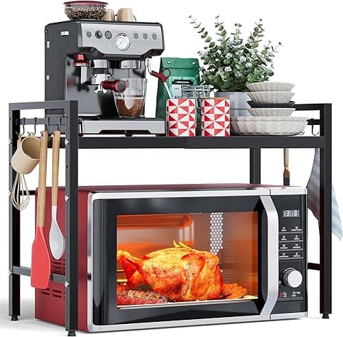 NETEL Erweiterbares Mikrowellen Regal 2-stufiges Mikrowellenständer Mikrowellenhalter Organizer küchenregal stehend für arbeitsplatte Bäckerregale mit 8 Haken