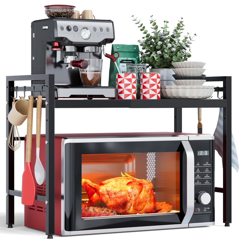 NETEL Erweiterbares Mikrowellen Regal 2-stufiges Mikrowellenständer Mikrowellenhalter Organizer küchenregal stehend für arbeitsplatte Bäckerregale mit 8 Haken - 1
