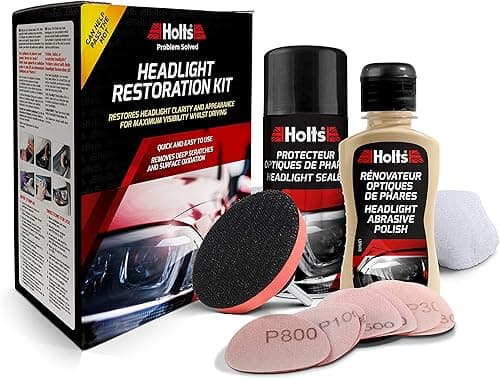 Holts Kit Rénovateur d’Optiques de Phares – Élimine Rayures et Jaunissement | Restaure Transparence | Contrôle Technique Réussi | Tous Véhicules – Kit Complet avec Accessoires