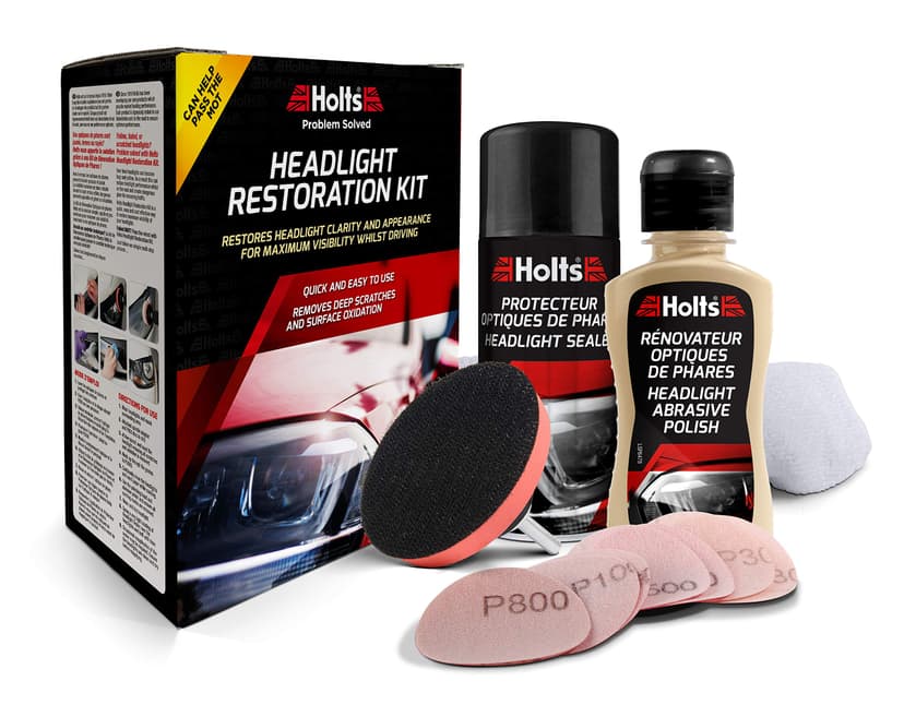 Holts Kit Rénovateur d’Optiques de Phares – Élimine Rayures et Jaunissement | Restaure Transparence | Contrôle Technique Réussi | Tous Véhicules – Kit Complet avec Accessoires - 1