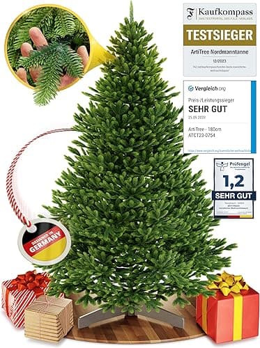 Artificial Christmas Tree 180 cm [Premium] - Lifelike Christmas Tree with Sturdy Top | Nordmann Fir Made from 100% Injection Moulded Needles Including FSC Certified Christmas Tree Wooden Stand &