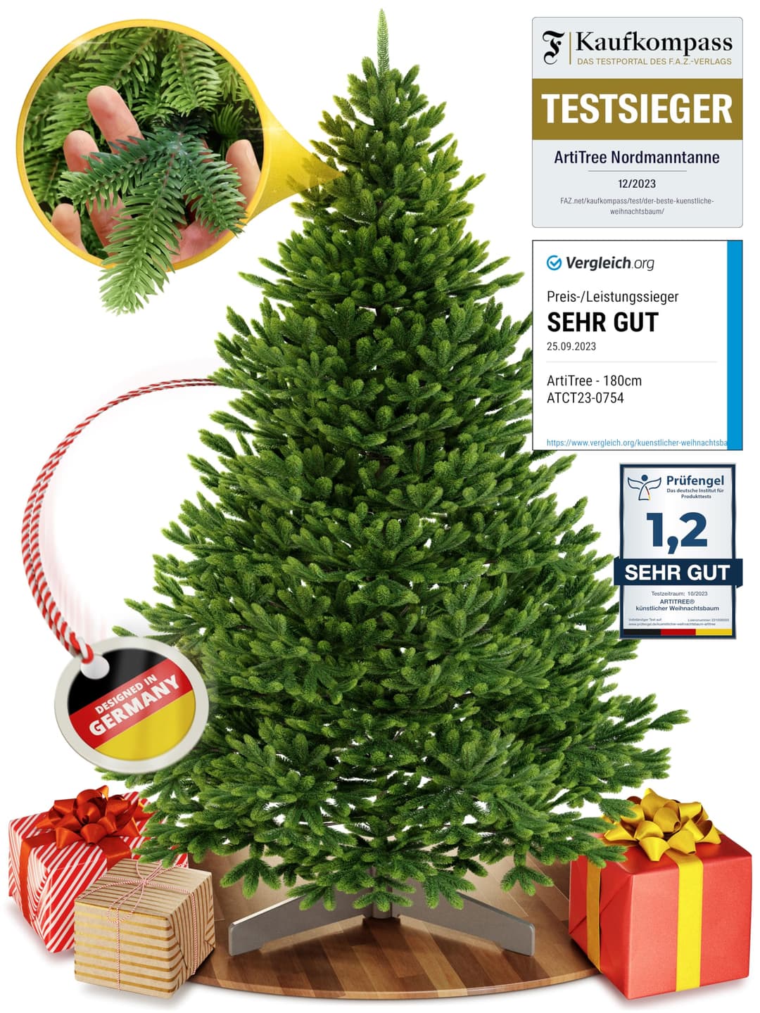 Artificial Christmas Tree 180 cm [Premium] - Lifelike Christmas Tree with Sturdy Top | Nordmann Fir Made from 100% Injection Moulded Needles Including FSC Certified Christmas Tree Wooden Stand &