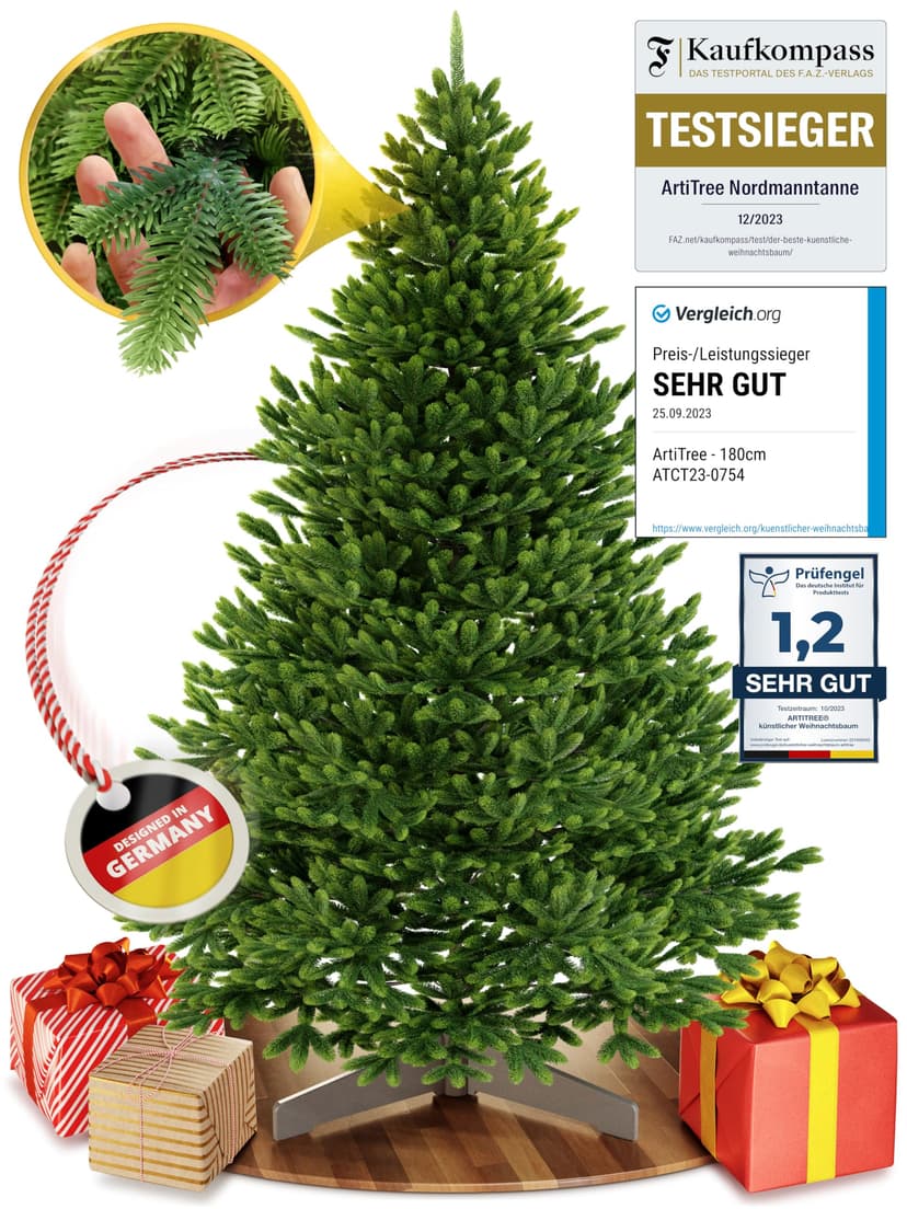 Artificial Christmas Tree 180 cm [Premium] - Lifelike Christmas Tree with Sturdy Top | Nordmann Fir Made from 100% Injection Moulded Needles Including FSC Certified Christmas Tree Wooden Stand & - 1
