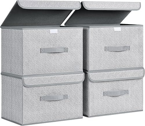 DIMJ Lot de 4 boîtes de rangement pliables avec couvercles, bacs de rangement pliables avec poignée, panier de rangement en tissu pour vêtements, jouets, livres