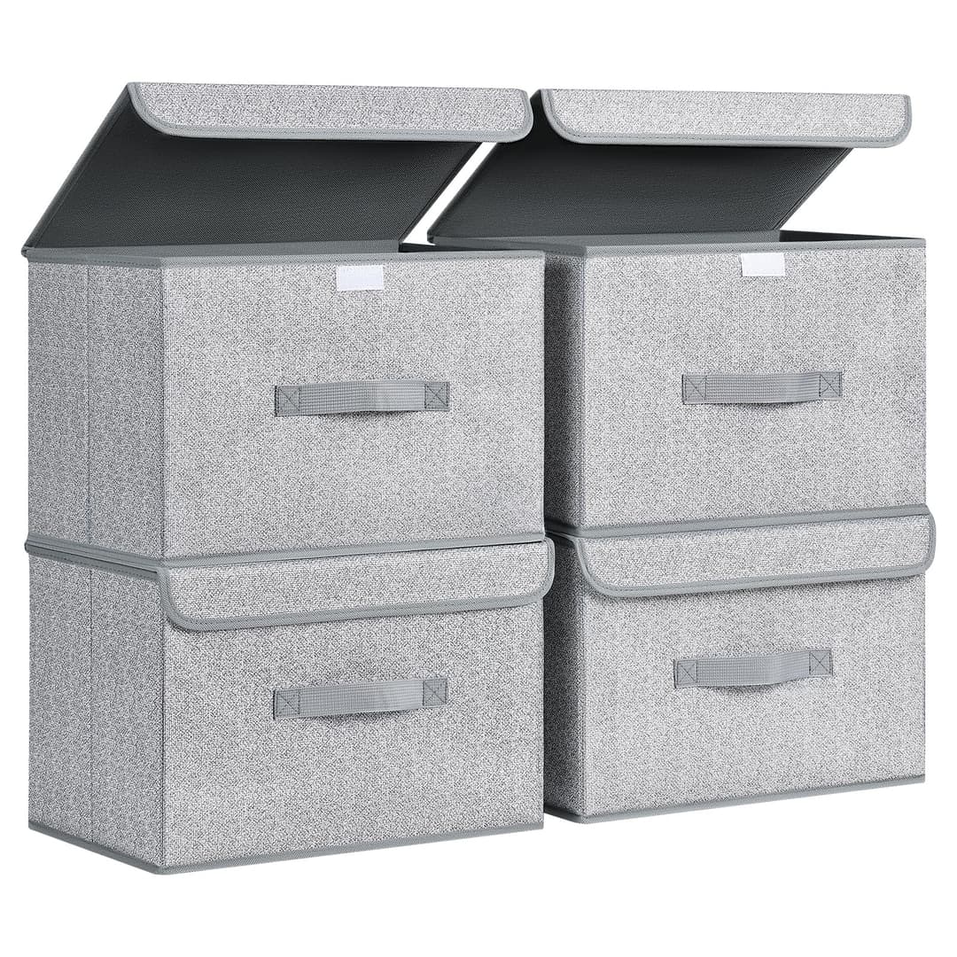 DIMJ Lot de 4 boîtes de rangement pliables avec couvercles, bacs de rangement pliables avec poignée, panier de rangement en tissu pour vêtements, jouets, livres