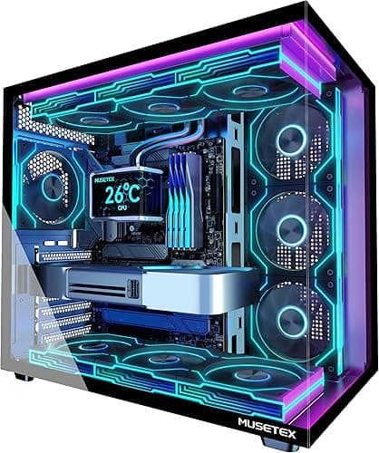 MUSETEX Y6 PC Case Pre-Installation 7 Infinity Mirror PWM ARGB Fan, ATX Mid Tower Computer Case, Gaming PC Case with Type-C, 270° Full View Tempered Glass, Black