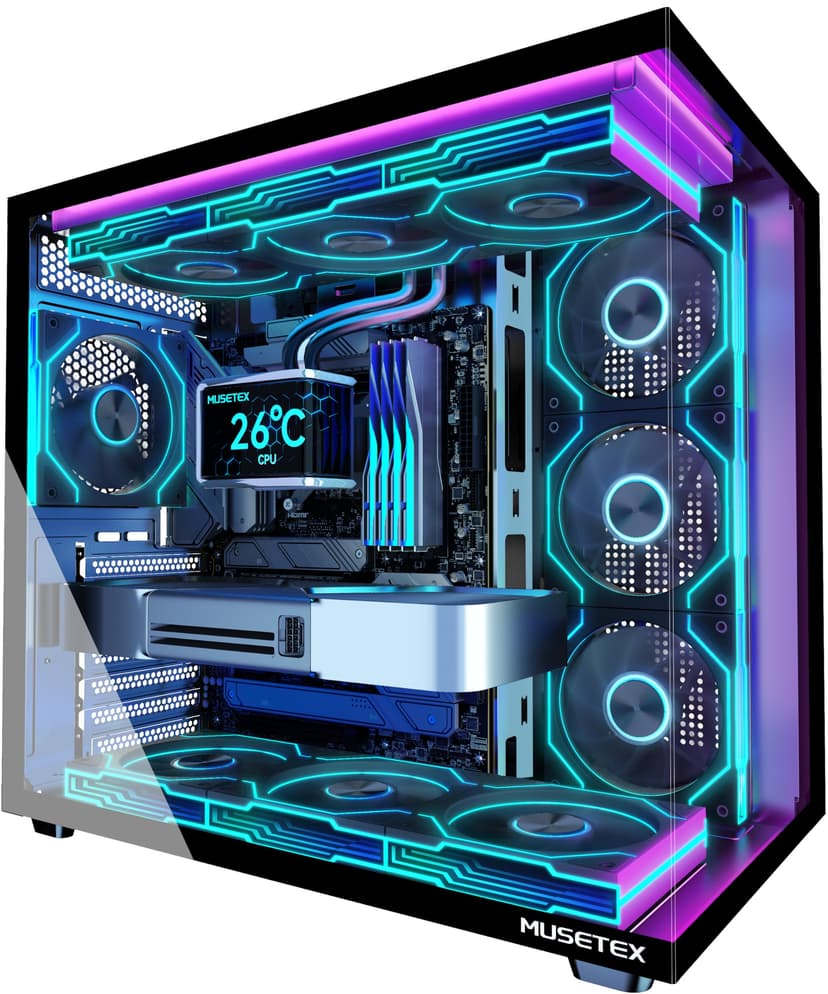 MUSETEX Y6 PC Case Pre-Installation 7 Infinity Mirror PWM ARGB Fan, ATX Mid Tower Computer Case, Gaming PC Case with Type-C, 270° Full View Tempered Glass, Black - 1