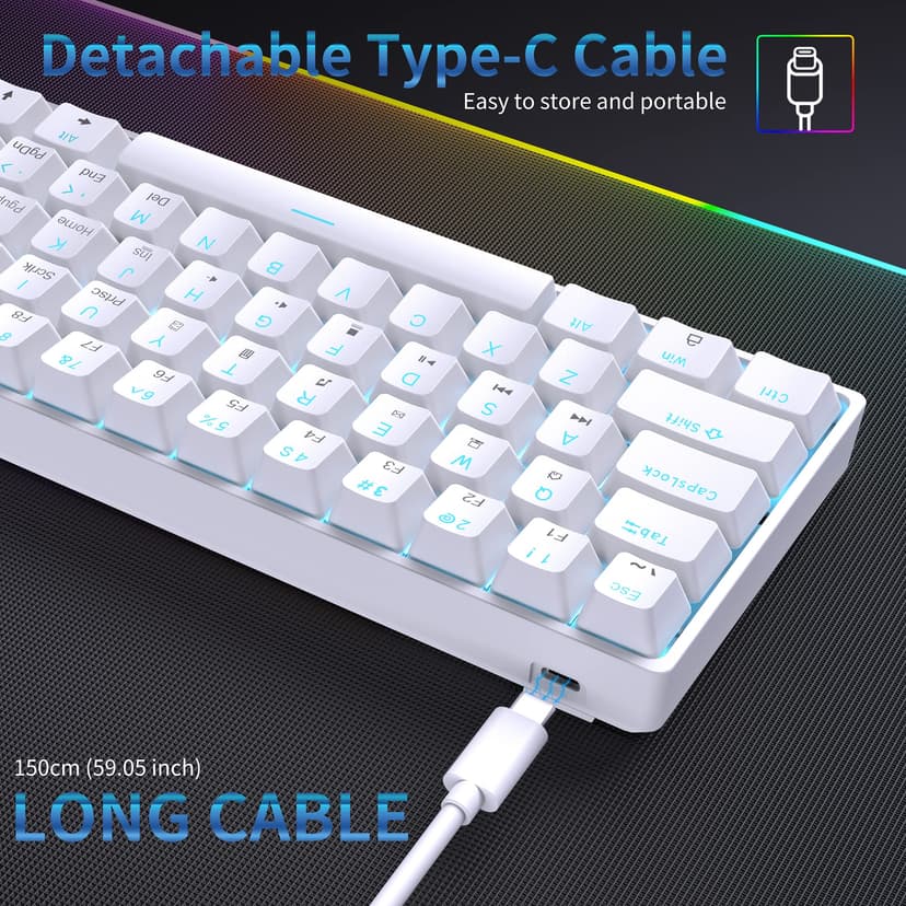 Dierya DK61se Mechanical Gaming Keyboard,60 percent Brown Switches,Ice Blue LED Backlit,Detachable USB-C Cable,Full-Key Rollover for Computer/PC/Laptop/MAC,US Layout,White - 5
