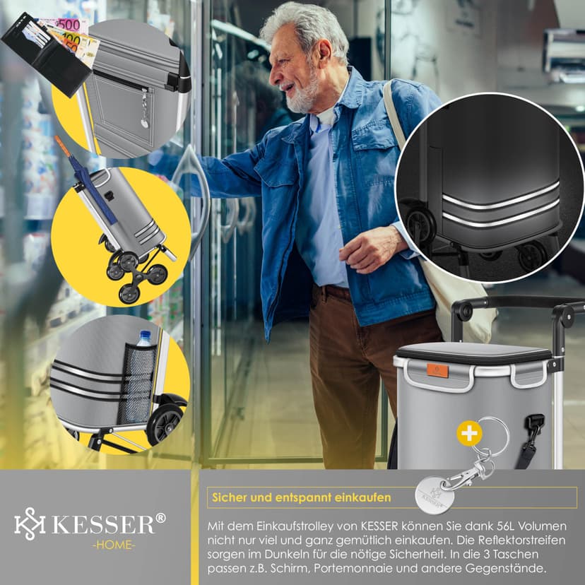 KESSER® Chariot à provisions avec compartiment réfrigérant, avec capacité de 56 L, charge jusqu'à 50 kg, chariot et sac à bandoulière 3 en 1, incl. Puce de courses, Pliable, Gris - 5