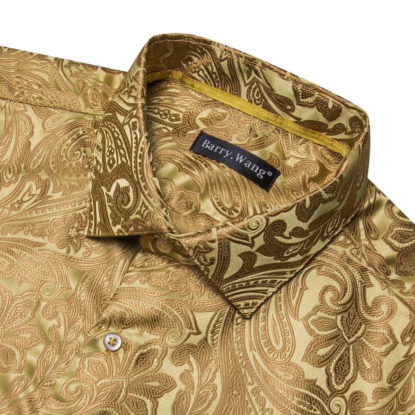 Barry.Wang Chemise habillée en soie pour homme - Motif cachemire floral - Manches longues - Grande et grande taille - Pour fête de mariage - Chemises décontractées et formelles, Cachemire doré, S - 4
