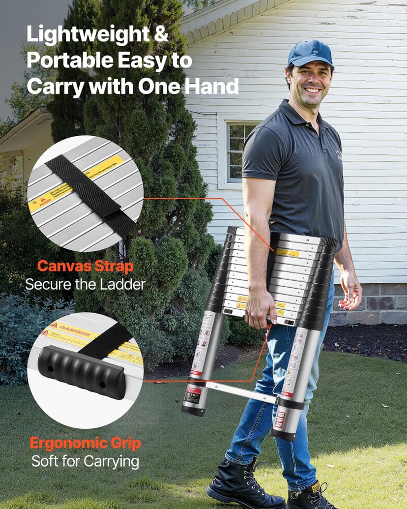 VEVOR 12.5ft Telescoping Ladder, Aluminum Lightweight Multi-Purpose Collapsible Extension, One-Touch Retraction Ladder, Heavy Duty 330LBS Max Capacity with Non-Slip Feet, for Home, Outdoor Work, Loft - 5