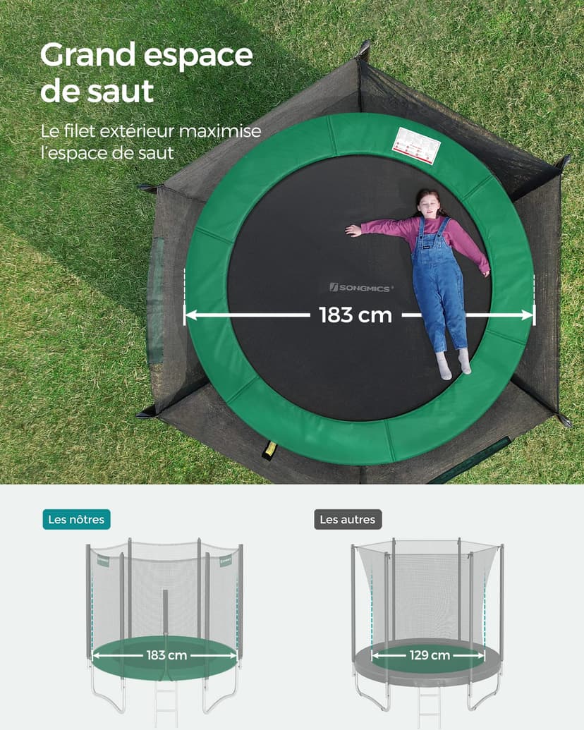 SONGMICS Trampoline Extérieur Enfant Diamètre 183 cm, Filet de Protection Externe, Coussins de Sécurité, Échelle, Poteau Droit de 180 cm de Haut, Cadre en Acier, Noir et Vert STR061C01 - 3