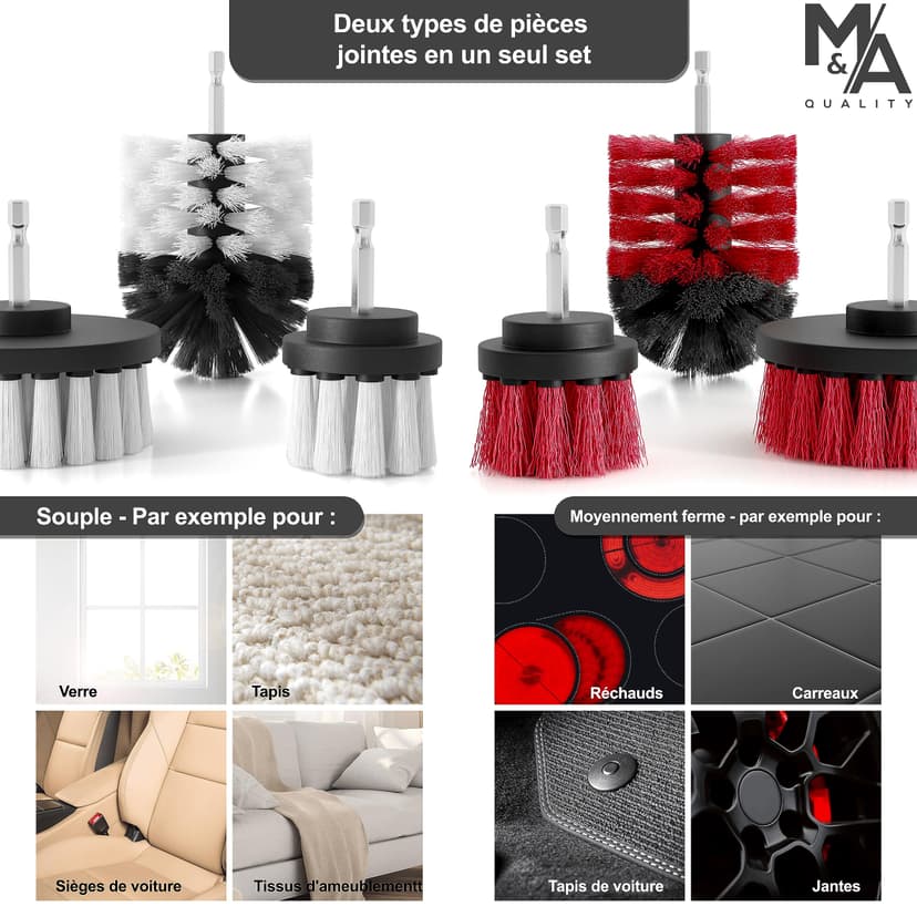 Brosse Nettoyage perceuse sans Fil [Poils Souples et durs]. Nettoie Vite Voiture, Tissus, Jantes, Salle de Bain - Kit Brosse Nettoyage Voiture - Drill Brush - 2