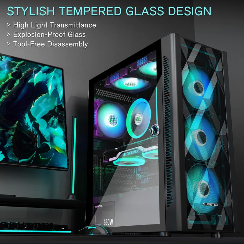 MUSETEX ATX PC Case Pre-Install 6 PWM ARGB Fans, Polygonal Mesh Computer Gaming Case, Opening Tempered Glass Side Panel Mid-Tower Case, USB 3.0 x 2, Black, NN8 - 6