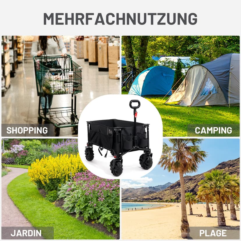 TIMBER RIDGE XXL Chariot de Transport Pliable avec Frein Chariot Plage à roulettes Tout Terrain Roues Amovibles Poignée Réglable Poche Latérale pour Jardin Plage Camping Pique-Nique BBQ Match - 6
