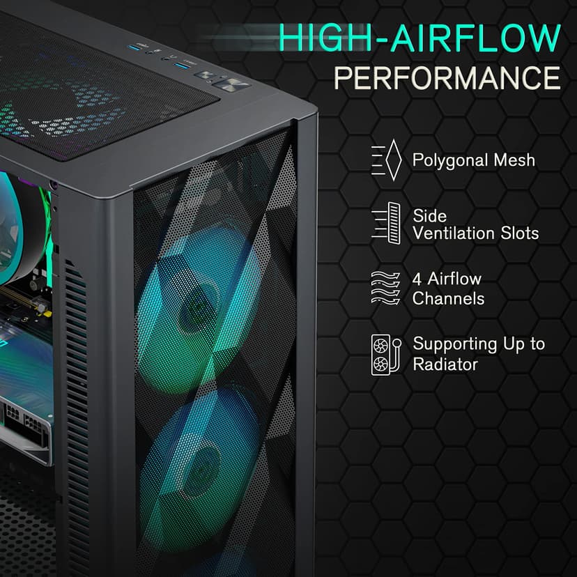 MUSETEX ATX PC Case Pre-Install 6 PWM ARGB Fans, Polygonal Mesh Computer Gaming Case, Opening Tempered Glass Side Panel Mid-Tower Case, USB 3.0 x 2, Black, NN8 - 3