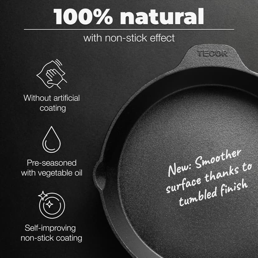 TECOR Cast Iron Pan Set 28cm Unpolished, Universal, Natural - Durable Cast Iron Skillet - Non-Stick Cast Iron Frying Pan Top Quality - Cast Iron Frying Pan - Skillet Pan - Cast Iron Cookware Set - 3