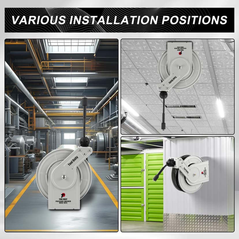 Tool Daily Retractable Pressure Washer Hose Reel, Power Washer Hose Reel 60 FT x 1/4”, Heavy Duty High Pressure Hose Reel 3600 PSI, Wall/Floor Mounted - 3