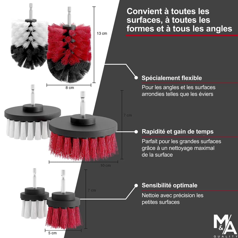 Brosse Nettoyage perceuse sans Fil [Poils Souples et durs]. Nettoie Vite Voiture, Tissus, Jantes, Salle de Bain - Kit Brosse Nettoyage Voiture - Drill Brush - 5