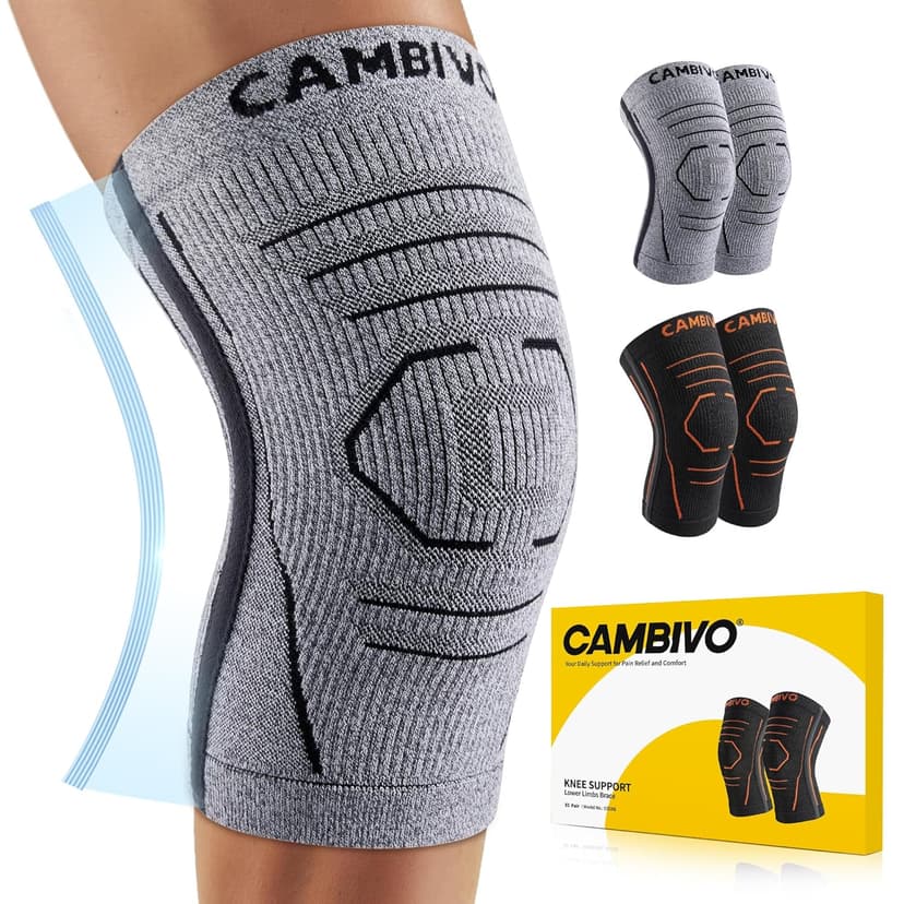 CAMBIVO 2 Pack Knee Support with PMMA Side Stabilizers, Lightweight Knee Brace for Running Stability and Daily Wear, Breathable Knee Compression Sleeve for Men & Women - 1