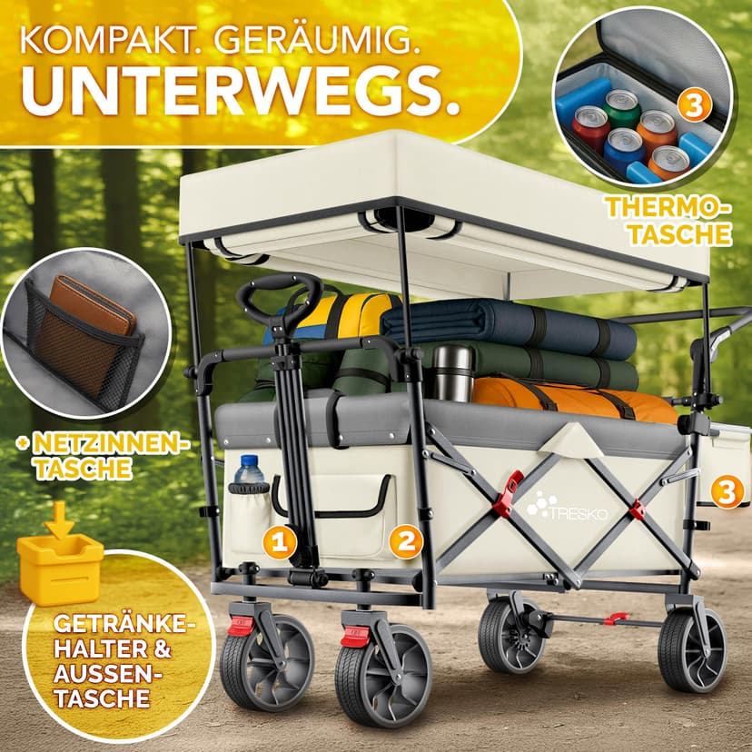 TRESKO® Handcart Foldable with Roof, Cooling Compartment and Side Roller Blinds | Hand Trolley Max. Load 150 kg | Transport Trolley with Solid Rubber Tyres & Parking Brakes (Front & Rear) and 3-Point - 3