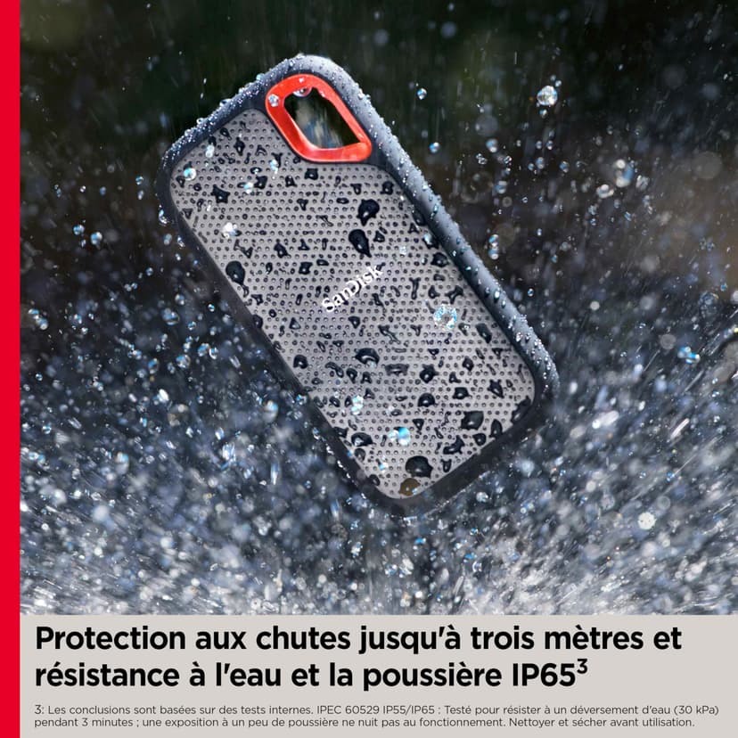 SanDisk 1To Extreme Disque SSD externe, Portable SSD des vitesses allant jusqu'à 1050 Mo/s en lecture, 1000 Mo/s en écriture, USB-C Résistance à la poussière et à l'eau classée IP65, Disque SSD NVMe externe, Noir - 5