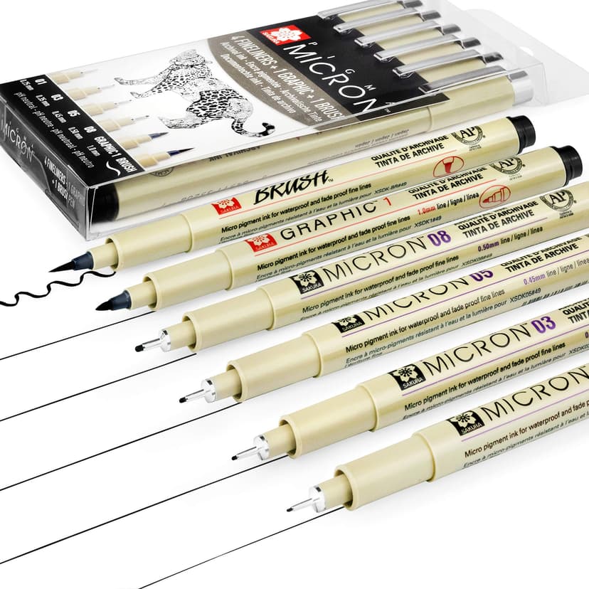 SAKURA Pigma Micron - Fineliner Pigment Pens - 01/03/05/08/Graphic/Brush - Pack of 6 - Black Ink - 4
