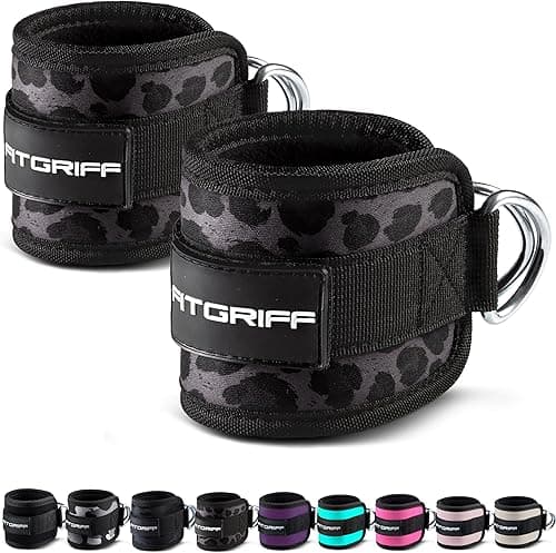 FITGRIFF® Foot Straps V1 (Padded) - for Fitness Training on Cable Pull - (Pack of 2) Ankle Straps for Women and Men (Leopard)