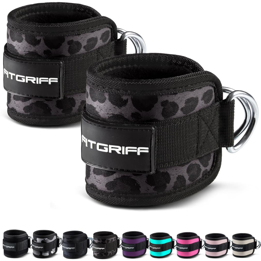 FITGRIFF® Foot Straps V1 (Padded) - for Fitness Training on Cable Pull - (Pack of 2) Ankle Straps for Women and Men (Leopard)