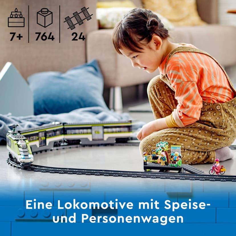 LEGO City Le Train de Voyageurs Express - Jouet Train Télécommandé avec Phares Fonctionnels, 2 Wagons, 24 Rails & 6 Minifigurines - Idée de Cadeau pour Garçon ou Fille dès 7 Ans 60337 - 2