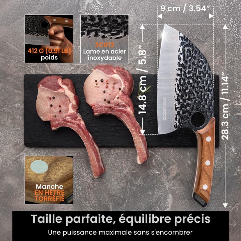 Matsato Couperet de Cuisine Professionnel – Couteau Hachoir en Acier Inoxydable avec Poignée en Bois Carbonisé, Lame de Précision pour Découpe Viande, Volaille, Légumes et Os - 8