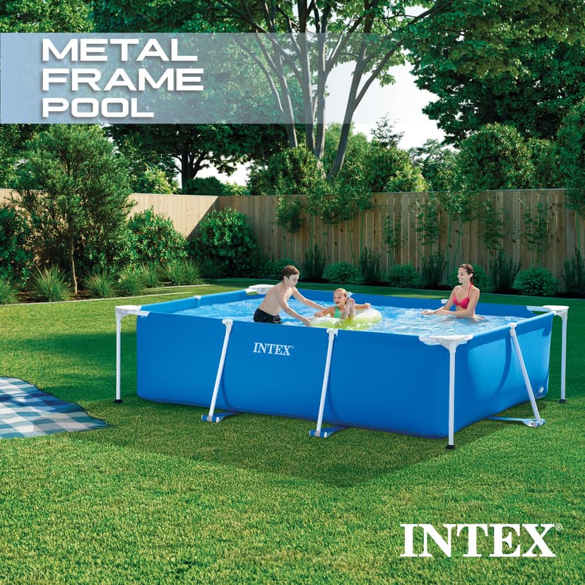 Intex Metal Frame Rectangular Swimming Pool 300 x 200 x 75cm, Blue Above Ground Garden Pool for Kids and Family, 3834L Water Capacity, Puncture-Resistant 3-Ply Material, Pump Not Included, 28272NP - 3