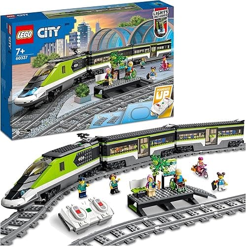 LEGO City Le Train de Voyageurs Express - Jouet Train Télécommandé avec Phares Fonctionnels, 2 Wagons, 24 Rails & 6 Minifigurines - Idée de Cadeau pour Garçon ou Fille dès 7 Ans 60337
