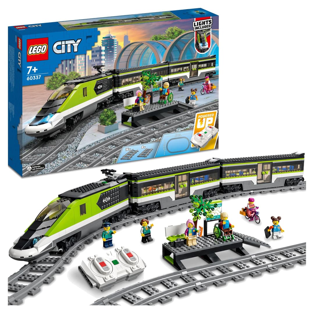 LEGO City Le Train de Voyageurs Express - Jouet Train Télécommandé avec Phares Fonctionnels, 2 Wagons, 24 Rails & 6 Minifigurines - Idée de Cadeau pour Garçon ou Fille dès 7 Ans 60337