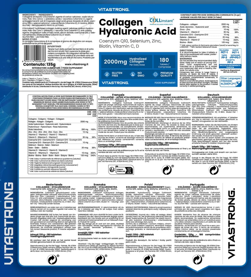 Collagen and Hyaluronic Acid 180 Tablets, 2000mg Hydrolyzed Collagen Quality COLLinstant with Biotin, CoQ10, Zinc, Selenium, Vitamin C & D, Collagen Supplements for Women and Men, Skin, Bones, Joints - 7