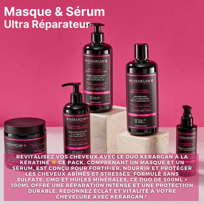 Kerargan - Duo Mask and Serum with Keratin for Damaged and Stressed Hair - Strengthens, Nourishes and Protects - No Sulphates, GMO, Mineral Oils - 500 ml + 100 ml - 2