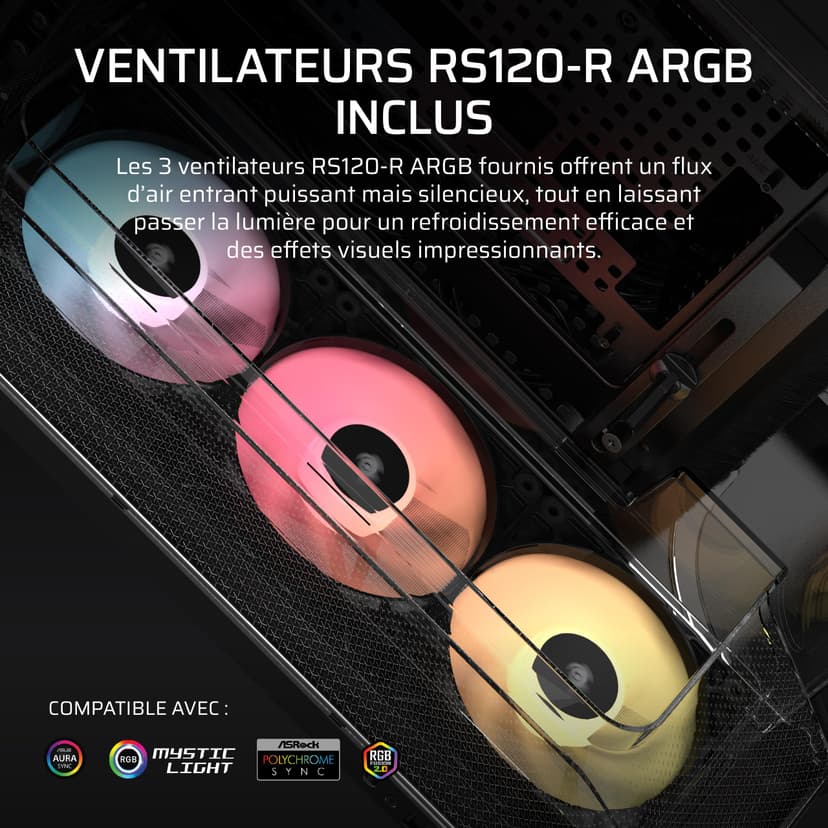 CORSAIR AIR 5400 RS-R ARGB Boîtier PC Triple Chambre Moyen-Tour Panoramique — Chambre Isolée pour AIO 360mm, Compatible Mères À Connexion Inversée, 3X Ventilateurs ARGB RS-R Inclus — Noir - 6