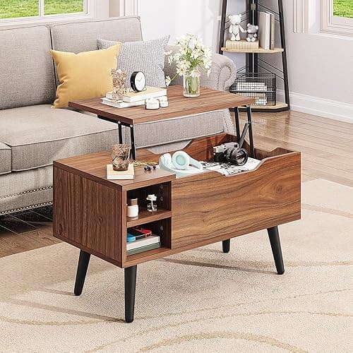 YITAHOME Lift Top Coffee Table with Hidden Compartment, Adjustable Storage Shelf, Spring Lifter, Coffee Table with Storage for Living Room, 80x40x61.5cm, Rustic Oak