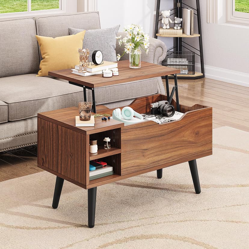 YITAHOME Lift Top Coffee Table with Hidden Compartment, Adjustable Storage Shelf, Spring Lifter, Coffee Table with Storage for Living Room, 80x40x61.5cm, Rustic Oak - 1