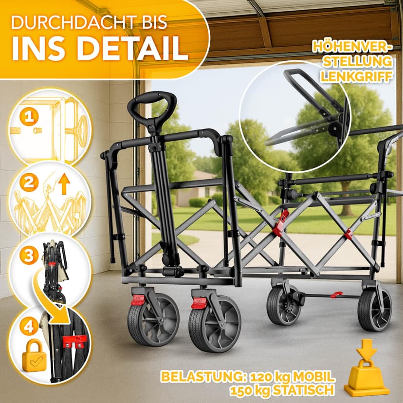 TRESKO® Handcart Foldable with Roof, Cooling Compartment and Side Roller Blinds | Hand Trolley Max. Load 150 kg | Transport Trolley with Solid Rubber Tyres & Parking Brakes (Front & Rear) and 3-Point - 9