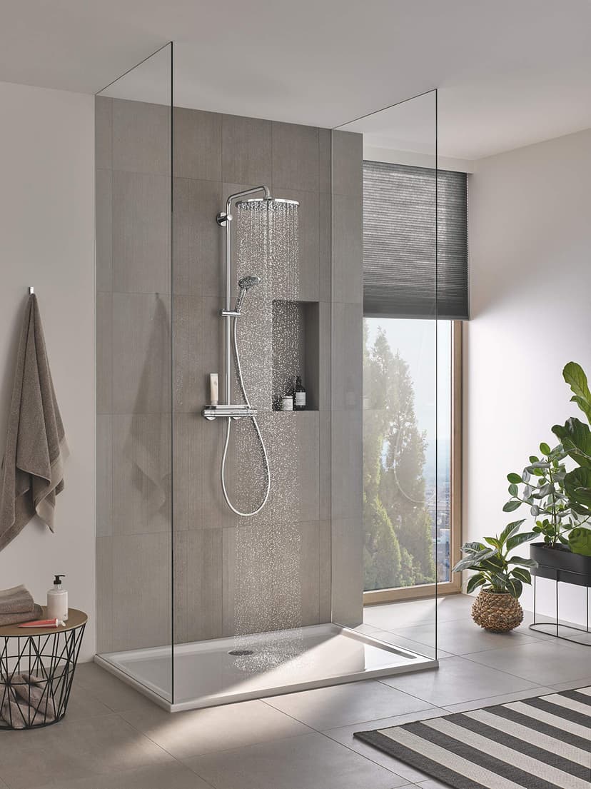 GROHE Vitalio Joy 310 - Cool Touch Thermostatic Mixer Shower Set (Water Saving Technology, Rain, Soap Tray, 110 mm 3 Spray Hand, Silicone Nozzles, Hose 1.75 m), Chrome, 26401001 - 2