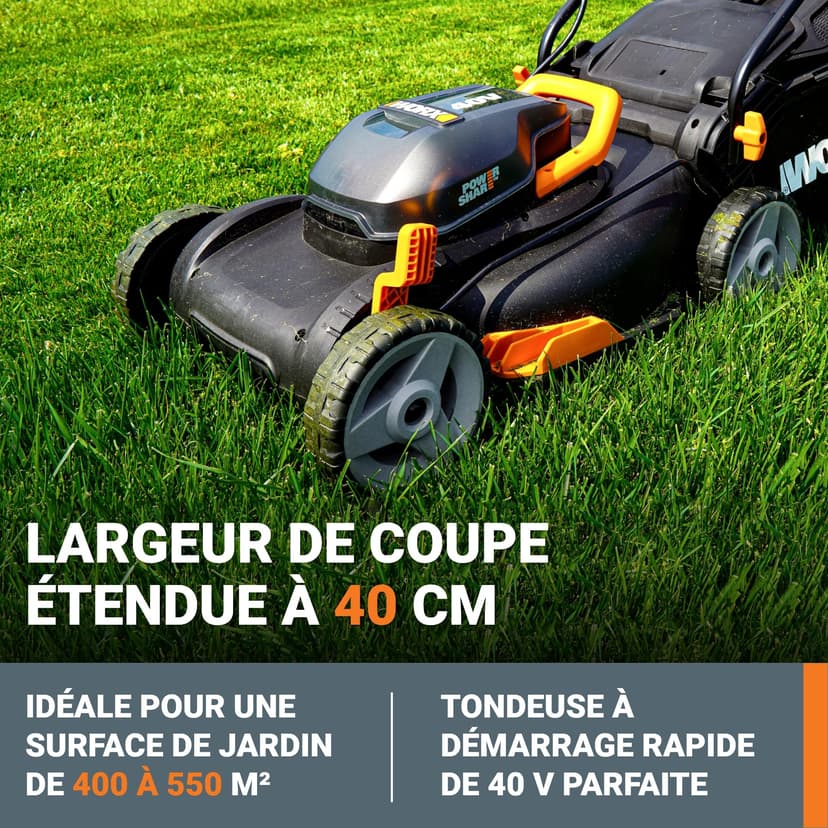 WORX Tondeuse à Gazon sans Fil 40V WG743E, Surface Max 500 m², Coupe de 40cm, Tonte jusqu'aux Bordures, 7 Hauteurs de Coupe, silencieuse, livrée avec 2 Batteries 4Ah et 1 Chargeur Double - 3