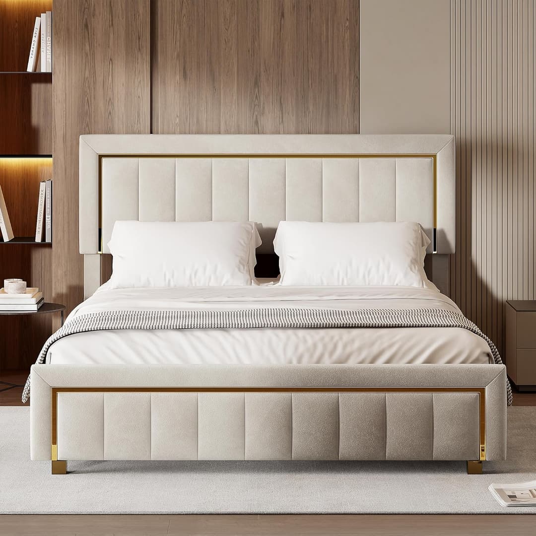 Storage Bed 160 x 200 cm with Quilted Headboard, Double Beds with Hydraulic and Slatted Base, White Velvet Frame with Gold Edges, for Teens and Adults, Beige