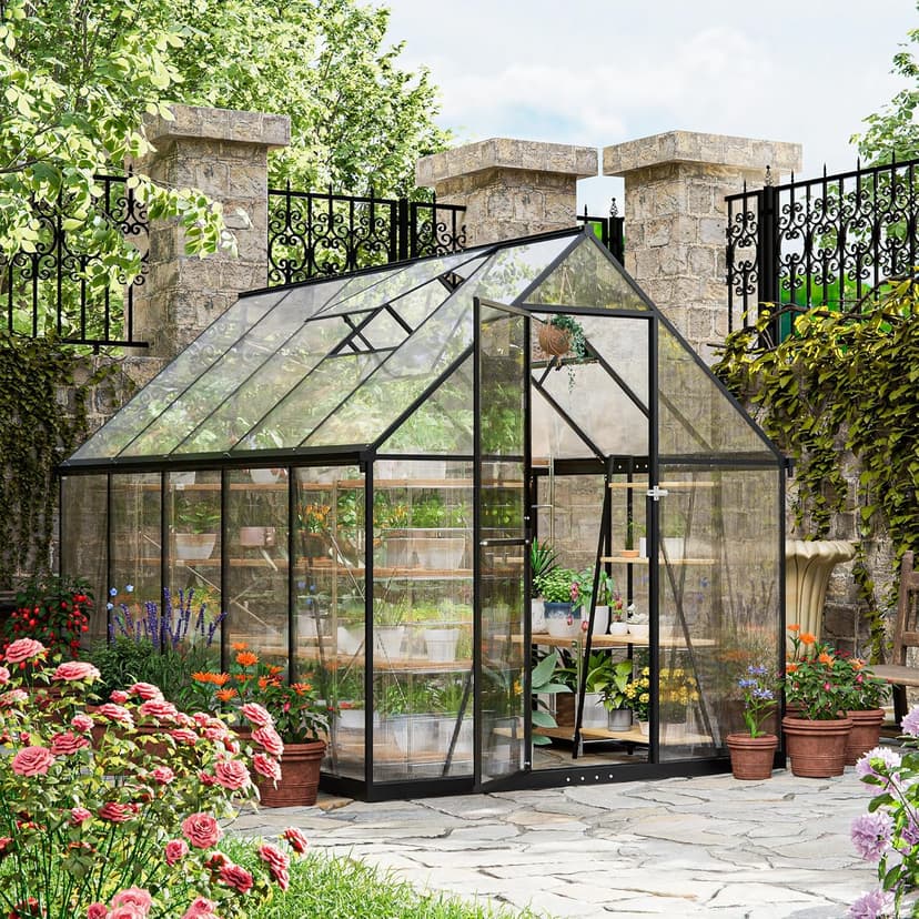 ALAULM 6 x 10ft Polycarbonate Greenhouse, Large Walk-in Garden Greenhouse with Lockable Door,Gabled Roof &Dual-Side Rain Gutters for Plants, Patio, Backyard(Black) - 1