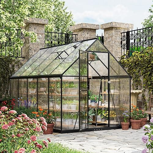 ALAULM 6 x 10ft Polycarbonate Greenhouse, Large Walk-in Garden Greenhouse with Lockable Door,Gabled Roof &Dual-Side Rain Gutters for Plants, Patio, Backyard(Black)