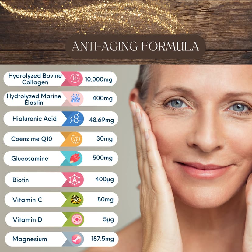 COLLAGÈNE HYDROLYSÉ COMPLEX 9 EN 1 | Élastine marine + Acide hyaluronique + Coenzyme Q10 + Glucosamine + Biotine + Vitamines C & D + Magnésium | Pour les articulations et la peau | 420g goût vanille | - 5