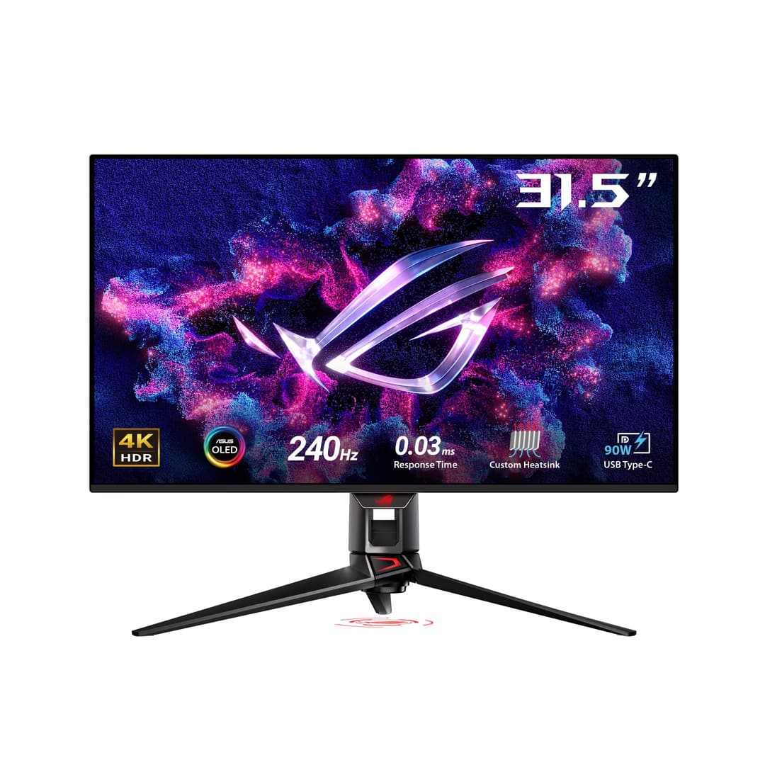 ASUS ROG Swift OLED PG32UCDMZ gaming monitor, 32-inch 4K QD-OLED panel, 240Hz, 0.03ms (GTG), G-SYNC compatible, custom heatsink, graphene film, 99 percent DCI-P3, True 10-bit, 90W Type-C, HDMI 2.1