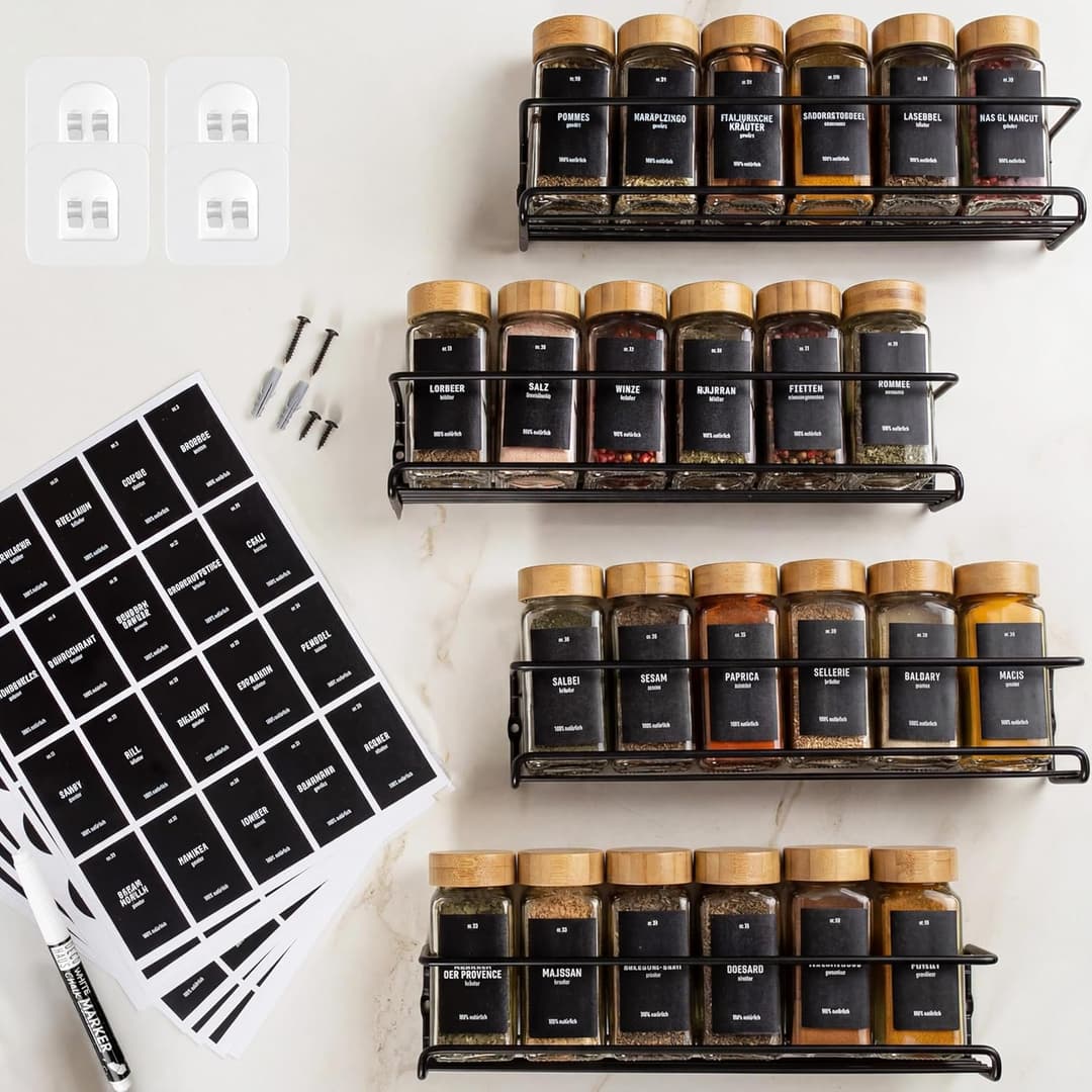 Deco Haus® Wall Spice Rack No Drilling - Set of 4 Bamboo Spice Jars & Labels - Black - 6.5 cm (D) x 29 cm (W) - Kitchen Spice Storage