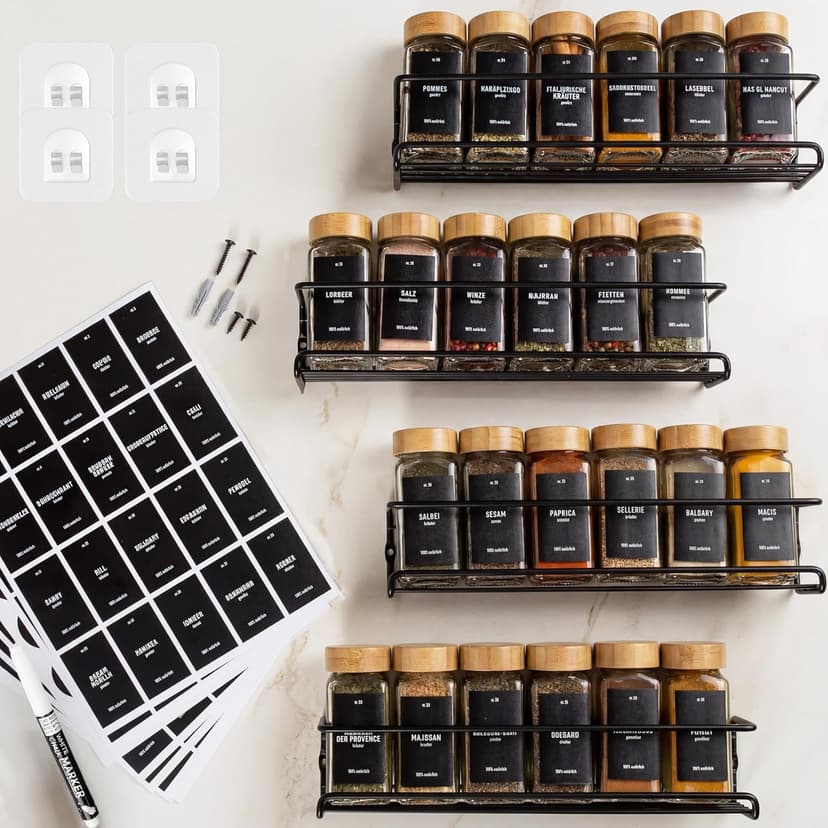 Deco Haus® Wall Spice Rack No Drilling - Set of 4 Bamboo Spice Jars & Labels - Black - 6.5 cm (D) x 29 cm (W) - Kitchen Spice Storage - 1
